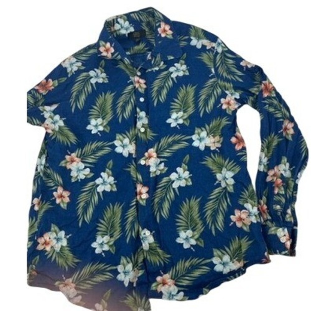 Club Room Luxury Linen Shirt Mens Large Blue Tropical Hibiscus Floral Long Sl
